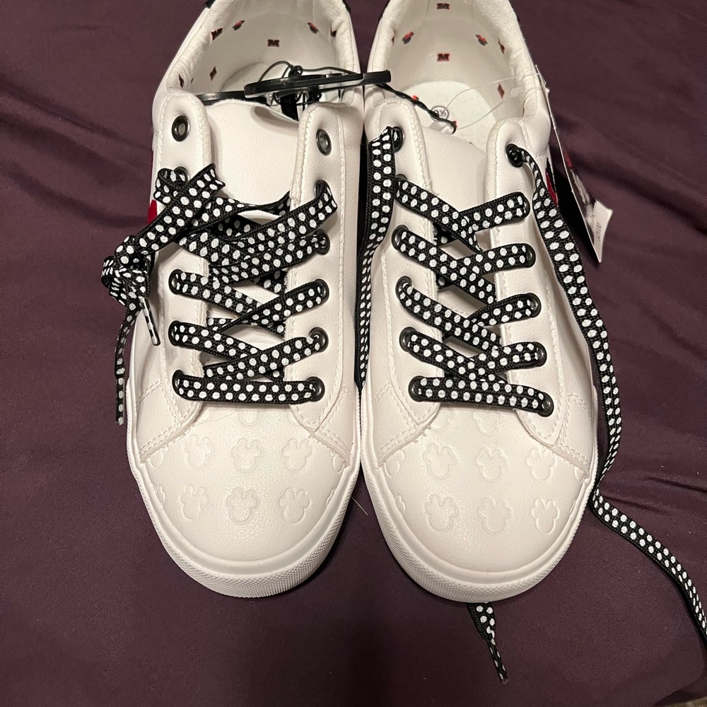White Sneakers with Black Polka Dot Laces Minnie Mouse